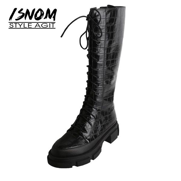 

boots isnom genuine leather thick bottom fashion stone pattern platform lace up long real knee high, Black
