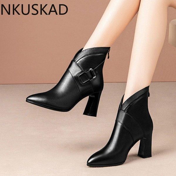 

boots fashion ladies chunky heels ankle 2021 concise elegant women party office zip pointed toe shoes woman, Black
