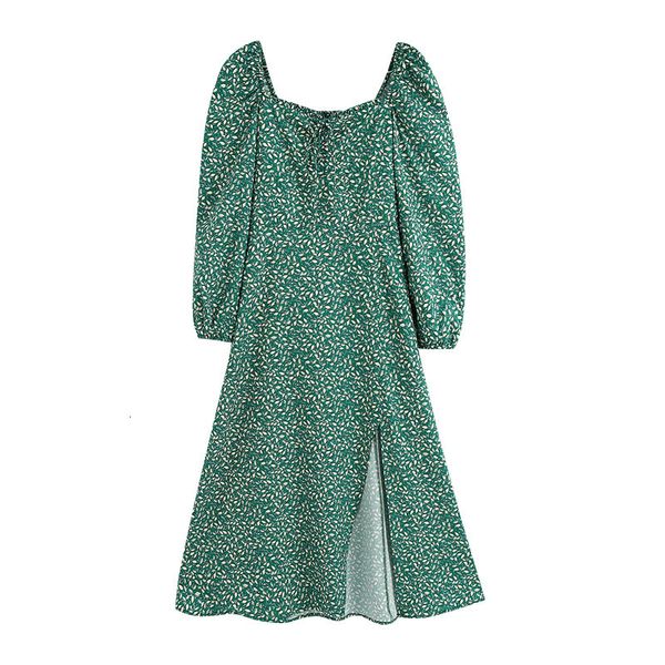 

2021 new women chic print draped midi fashion square collar three quarter sleeve side slit female es vestidos ck33, Black;gray