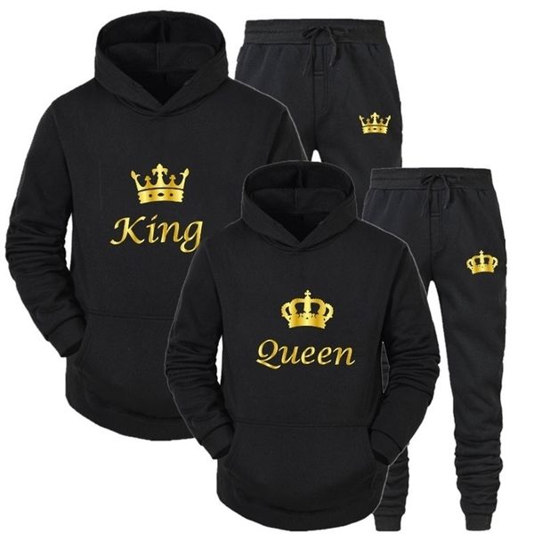 

couple sportwear set king or queen printed hooded suits 2pcs male and femaie hoodie pants 211220, Gray