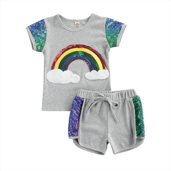 

2 7y summer causal kids girls clothes sets 2pcs rainbow sequined printed short sleeve t shirts shorts, White