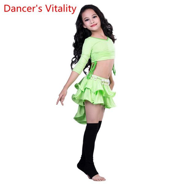 

stage wear 3 piece set girls modal belly dance costume short skirt kids dancer practice clothes pink green s m l, Black;red