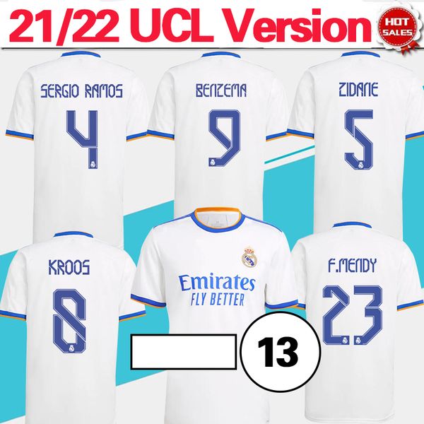 

21/22 camiseta champion cl version real madrid soccer jersey zidane benzema kroos modric men soccer shirt 2022 home white football uniforms, Black;yellow