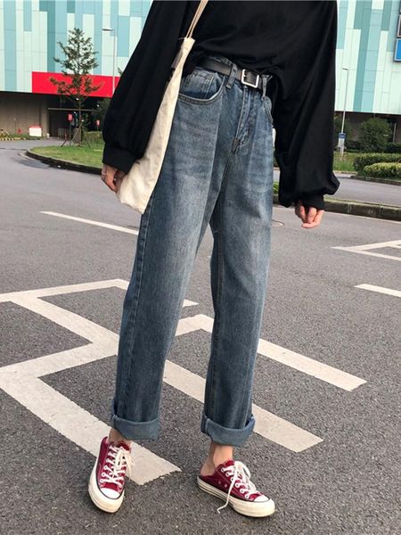 

women's jeans denim pants summer thin 2021 small high waist wide leg show dad, Blue