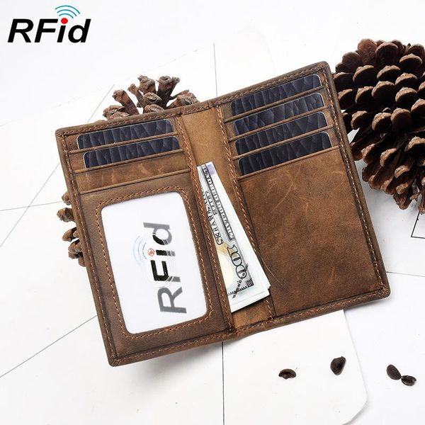 

card holders retro rfid men's long wallet holder men genuine leather clutch wallets purses cowhide driver license multi-card, Brown;gray