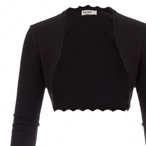 

gk black ivory womens 3 4 sleeve open front bolero shrug office work wear party slim copped scalloped knitted jacket coat, Black;brown