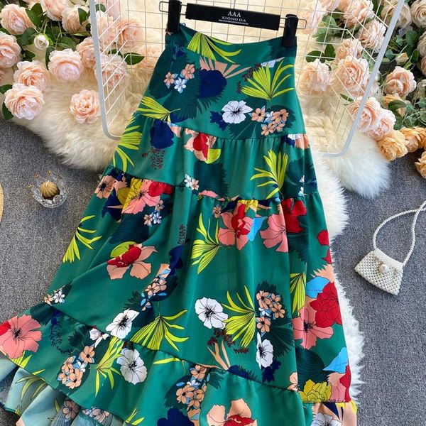 

skirts fmfssom 2021 summer women beach style floral print long skirt arrival ladies colorful high waist slim ruffles chiffon, Black