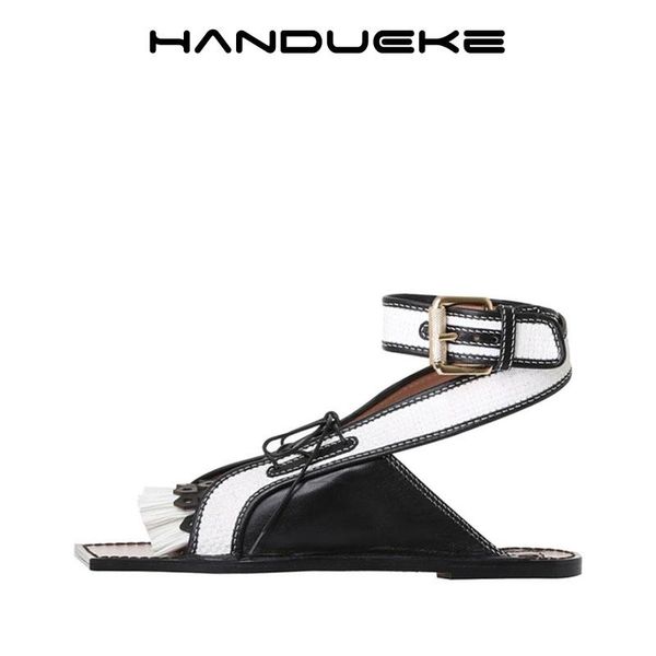 

2021 summer new style square toe lace-up flat shoes all-match fashion outer wear a word buckle strap back strap sandals women, Black