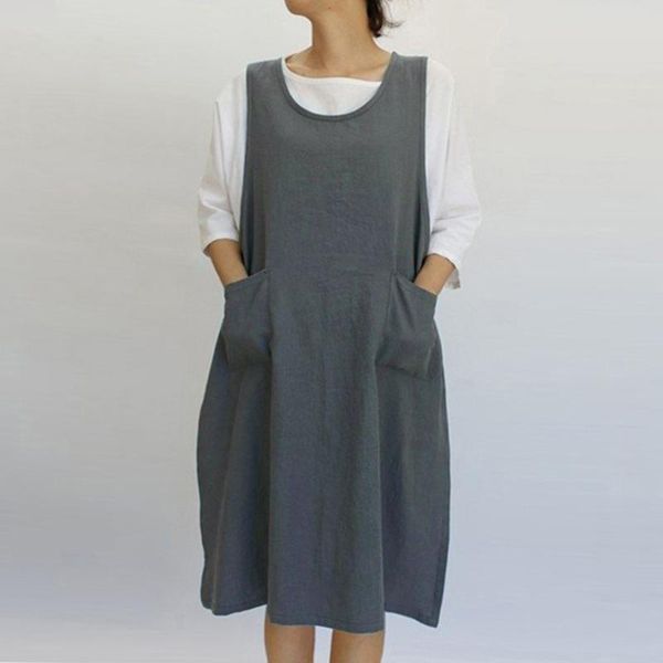 

casual dresses women cotton tunic dress apron with pockets japanese style vestido kobieta sukienka femme robe, Black;gray