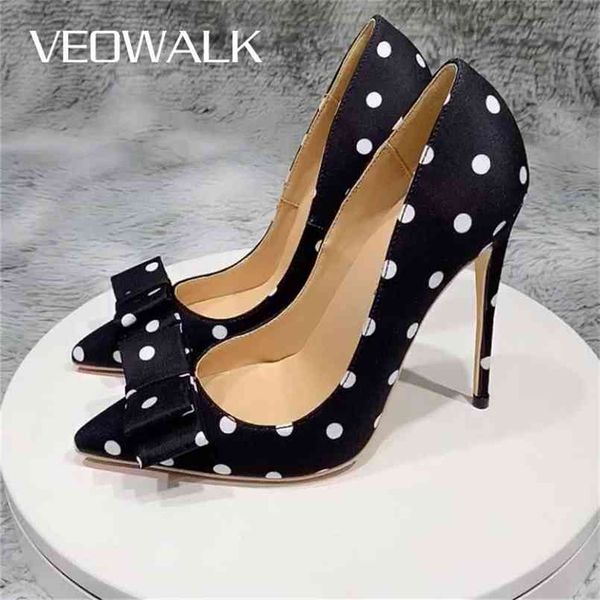 

veowalk polka dot women silk satin pointed toe stiletto high heels bow knot elegant ladies party shoes 8cm 10cm 12cm pumps black 210901