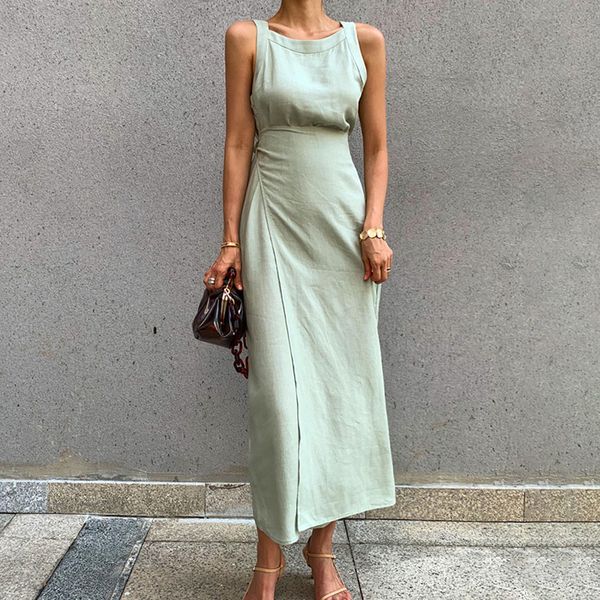 

elegant lace up dress for women o neck sleeveless high waist casual solid dresses female fashion new summer tide, White