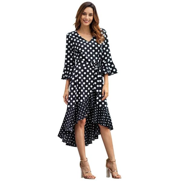 

casual dresses original women spring dot print chiffon dress long sleeve plus size v neck high waist elegant girl party patchwork, Black;gray