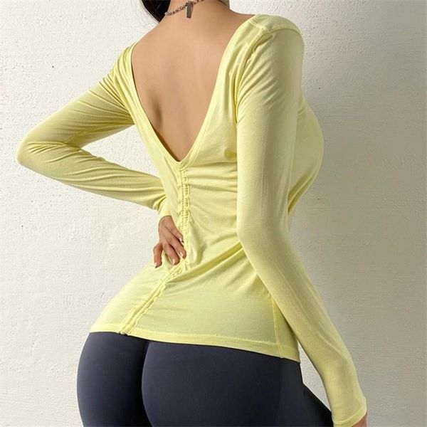 

yoga outfits two ways to wear sports women fitness gym long sleeve breathable female drawstring running workout t-shirt, White;red