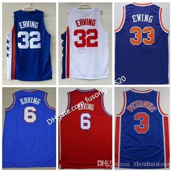 

1992 good quality sportwear embroidery #33 patrick ewing 6 dr j julius erving jerseys white blue #3 drazen petrovic sports basketball shirts, Black;red