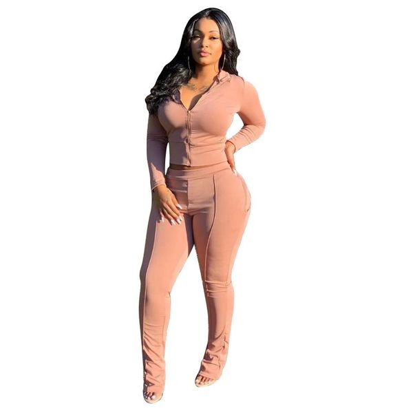 

women's two piece pants autumn and winter fashion solid color two-piece suit slim-fit hip-length long-sleeved trousers sports, White