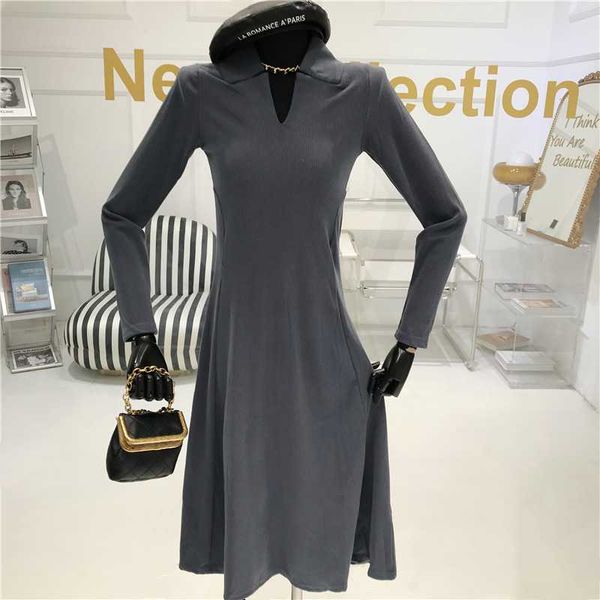 

high waist slim bottom dress women's autumn/winter 2021 solid color temperament collar with slim dress, Black;gray