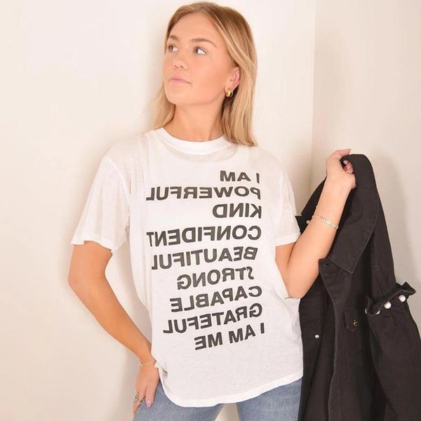 

women's t-shirt - rowling round neck short sleeve t-shirt, pure white with comfort words, retro cotton casual 2021