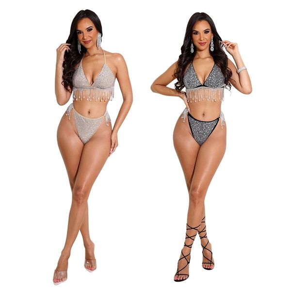 

xqy9216 womens neck strap drill tassel bikini two piece set, Black;gray