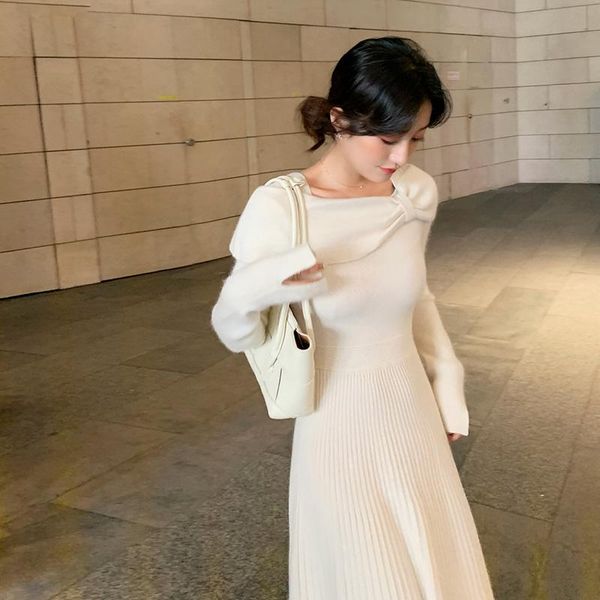

casual dresses knitted winter dress women bow long sleeve slash neck korean slim party elegant one piece vintage h166, Black;gray
