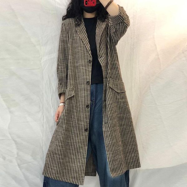 

2021 spring autumn new arts style women loose striped long trench coat single breasted cotton linen vintage coats femme m310, Tan;black