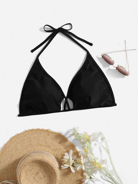 

plus plain cut out halter bikini 80qt#, Black