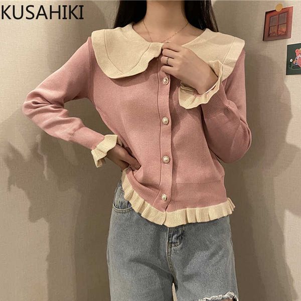 

sweet hit colro turn-down collar knitted cardigan spring sweater coat causal korean long sleeve knitwear 6e723 210603, White