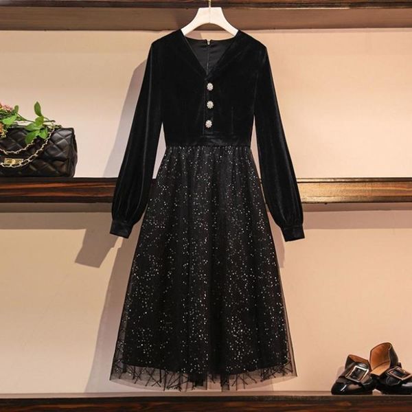 

large size women's dress autumn 2020 new style slightly fat younger sister age reduction show thin cover meat golden velvet gauze dress, Black;gray