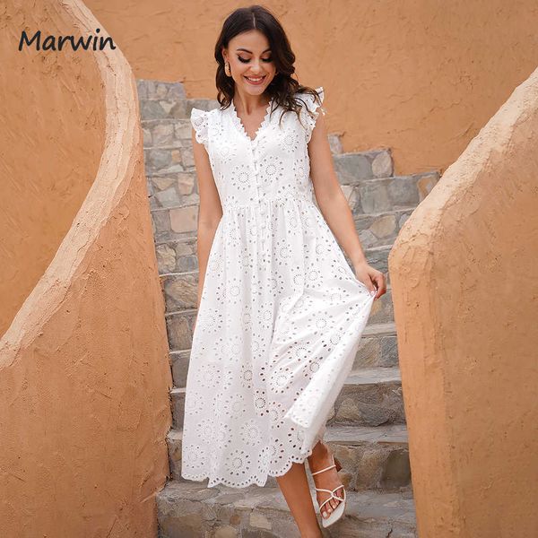 

marwin long simple casual solid hollow out pure cotton holiday style high waist fashion mid-calf summer dresses new vestidos p0809, Black;gray