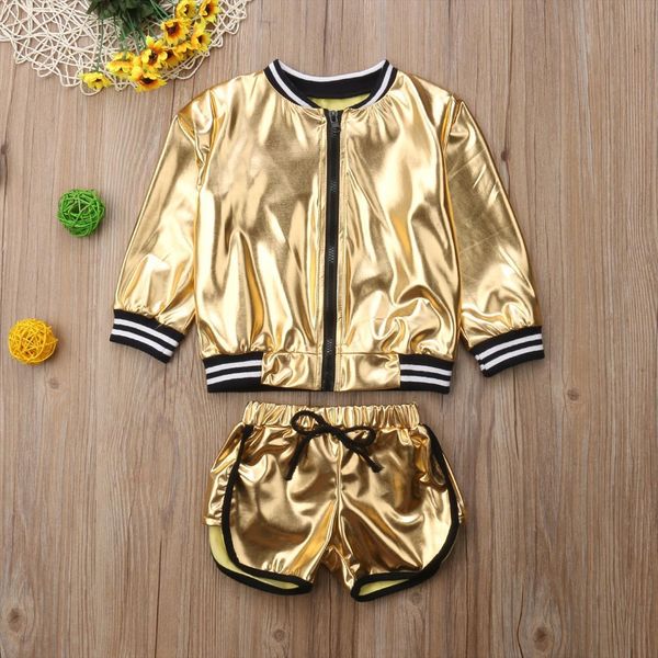 

fashion kids baby girl clothes metallic jacket short pants 2pcs outifts set, White