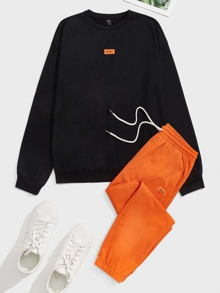 

men patch detail pullover & drawstring pants set d6jq#, Gray