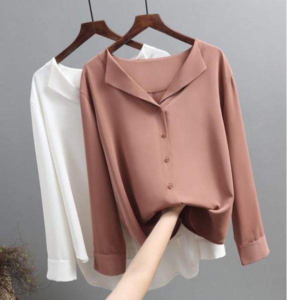 

2021 spring new women v-neck long sleeve loose chiffon blouses shirts solid office lady casual blusas shirts, White