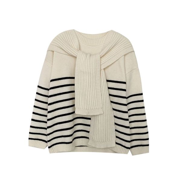 

autumn winter striped sweater women fashion with shawl casual pullover sweaters woman long sleeved korean knitted 210602, White;black