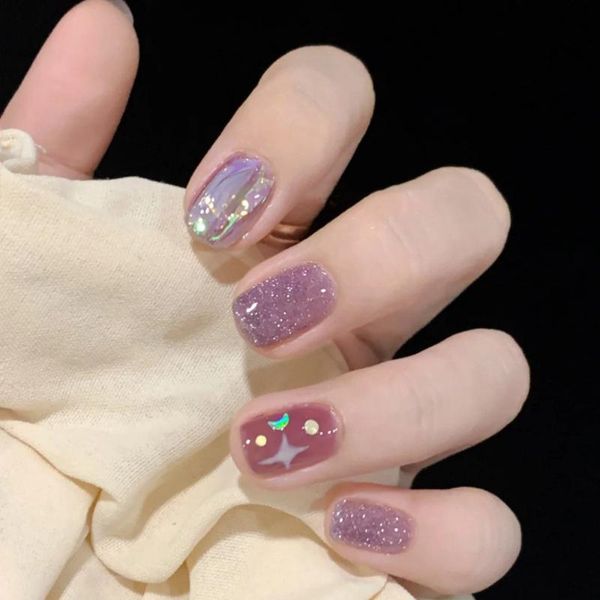 

false nails 24pcs purple sequins star moon short nail elegant wearable flower fake detachable full cover tips manicure tool, Red;gold
