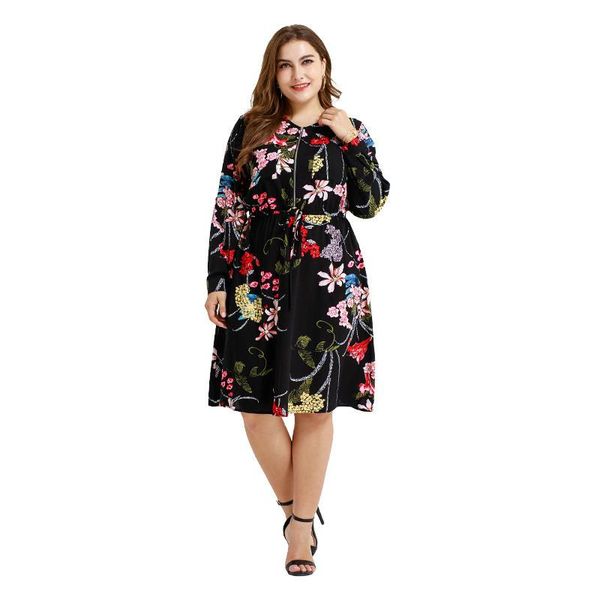 

casual dresses plus size women shirt dress high waist show thin print winter vintage chiffon large long the, Black;gray