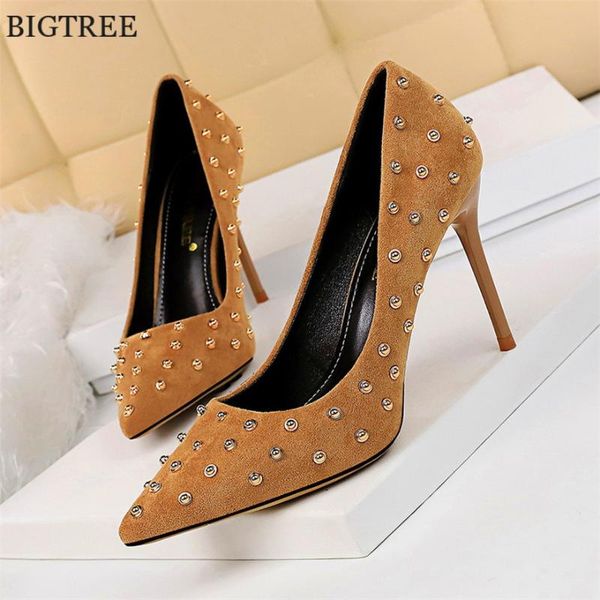 

dress shoes plus size 34-43 ol office lady 2021 fashion rivet flock high heels woman pointed toe wedding party women pumps, Black