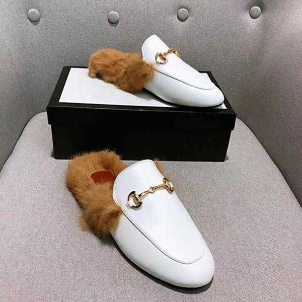 

classic brand fashion designer women fur slippers loafers genuine leather mules princetown white black metal chain casual flat shoes slipper