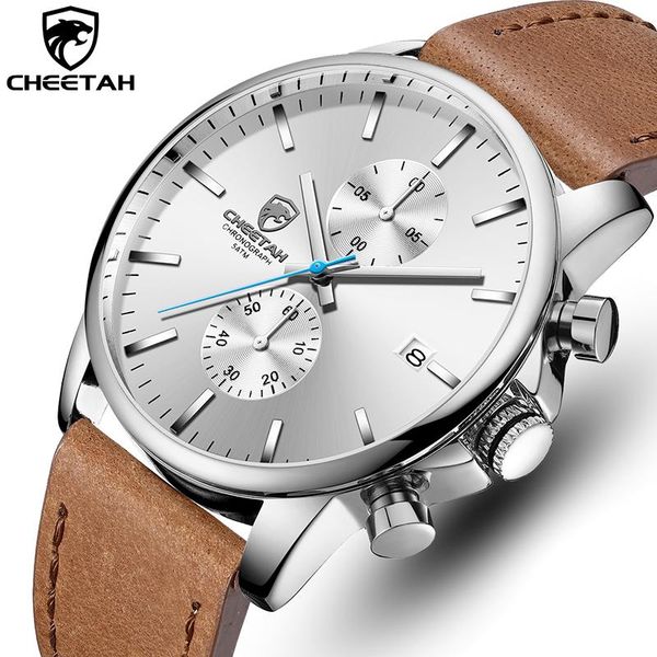 

wristwatches cheetah men fashion casual watches men's waterproof quartz wrist watch genuine leather date clock reloj hombre, Slivery;brown