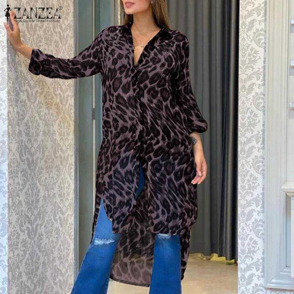 

women's blouses & shirts blouses fashion leopard printed casual long sleeve asymmetrical blusas female lapel tunic plus s cgym, White
