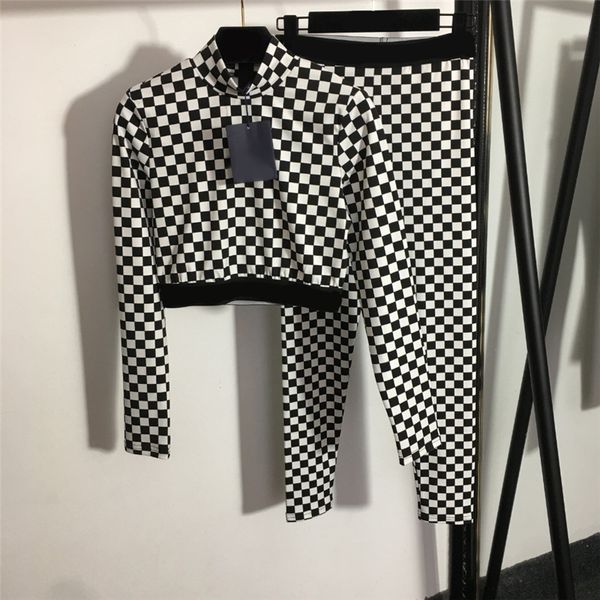 

classic plaid printed women tracksuits webbing elastic waist slim leggings sports yoga suit ladies long sleeve outfits 2 piece set, Gray
