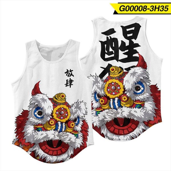 

men chinese style sleeveless vest summer breathable quick drying male gyms clothes beach undershirt fitness black print tank top, White;black