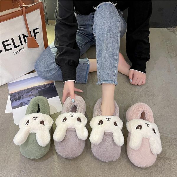 

slippers 2021 fashion fur women furry warm flat bedroom winter fuzzy indoor female home cotton plush shoes, Black