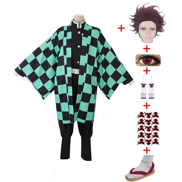 

demon slayer kamado tanjirou cosplay costume include wig mask tattoo earring shoe kimetsu no yaiba halloween funny costume anime costumes, Black