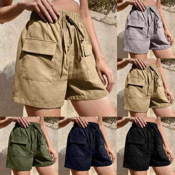 

women's shorts 2021 cotton and linen simple comfy multi pockets pants drawstring loose wide leg daily high quality, White;black