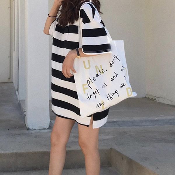 

shopping bags reusable bag women fashion letters print bolsas de tela eco canvas fabric shoulder for beach travel shopper tote