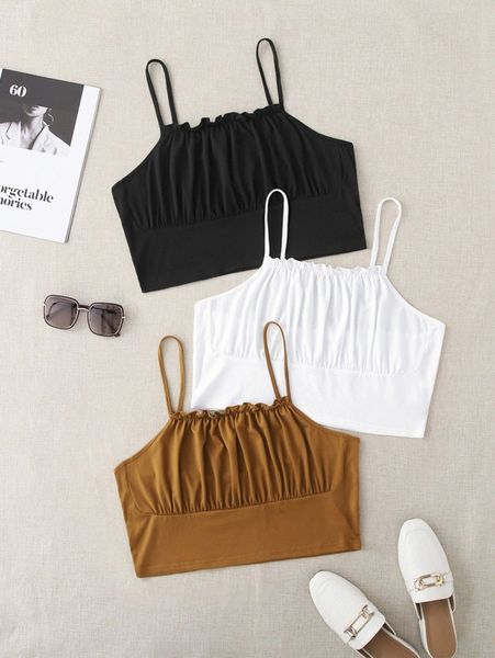 

plus 3pcs ruched bust frill trim sleep cami r6du#, Black;white