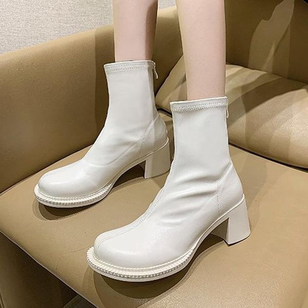 

boots women ankle chunky heels platform zipper laides shoes sewing retro solid pleated fashion style footwear female autumn rome, Black