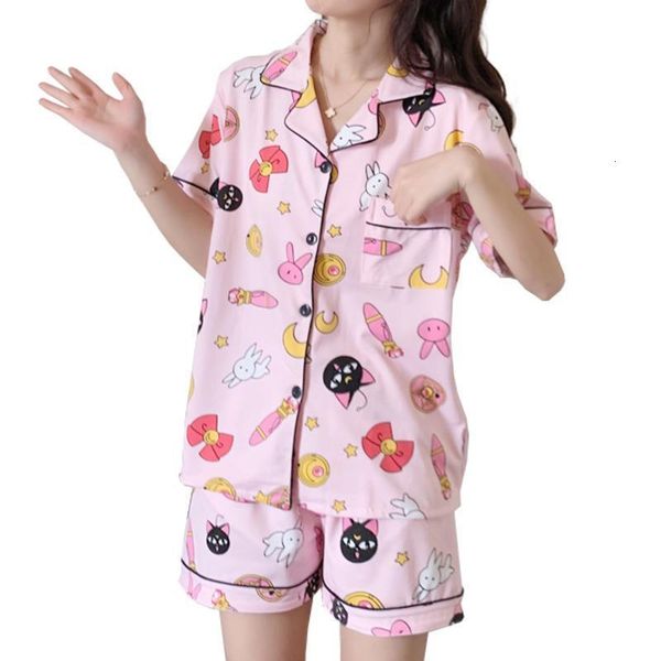 

womens cotton pajamas set turn-down collar pyjamas short sleeves suit soft sleepwear female summer cartoon luna moon homewear, Black;red