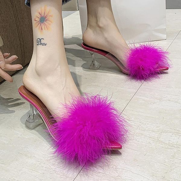 

slippers heel outdoor sandals ostrich fur fluffy sliders women open toe, Black