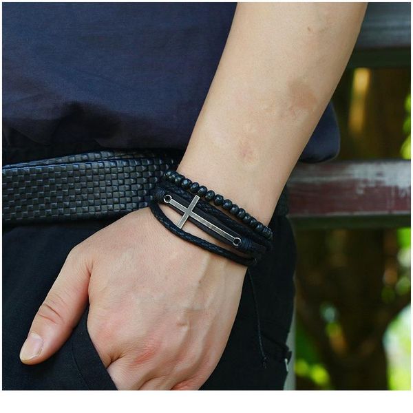 

eif dock vintage handmade diy braided leather bracelet alloy cross leather adjustable wooden beads men's hand strap jllchp