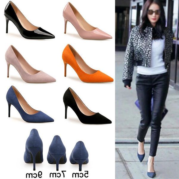 

pointed suede black patent leather high-heeled shoes women's season 2021 genuine leather thin heel middle heel single shoes
